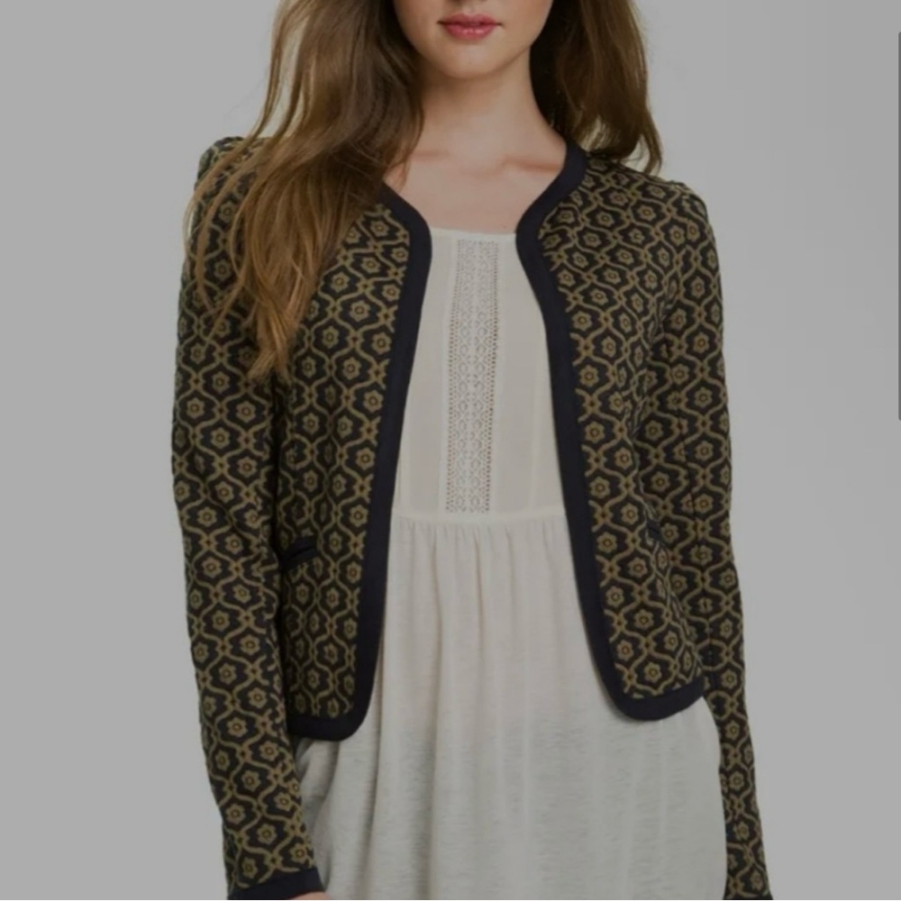 FRENCHI Jacquard Jacket Coat Cardigan Navy Blue Geo Knit Crop Puff Shoulders